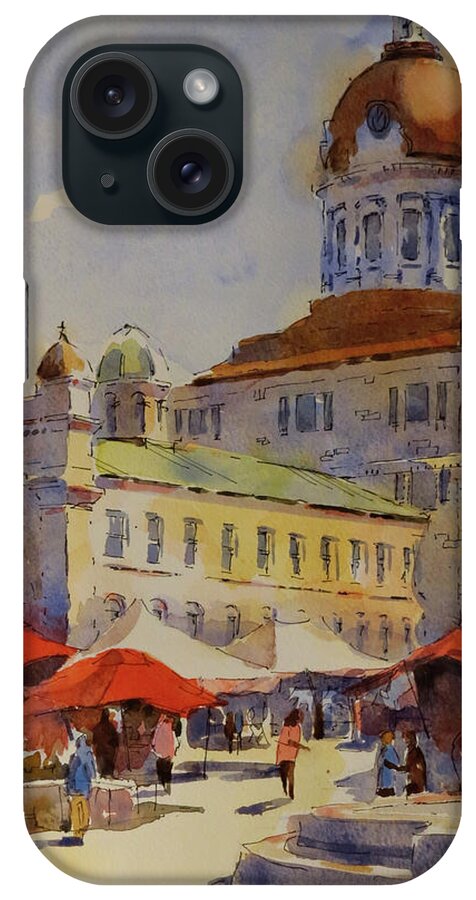 Summer iPhone Case featuring the painting City Hall with Red Tents by David Gilmore