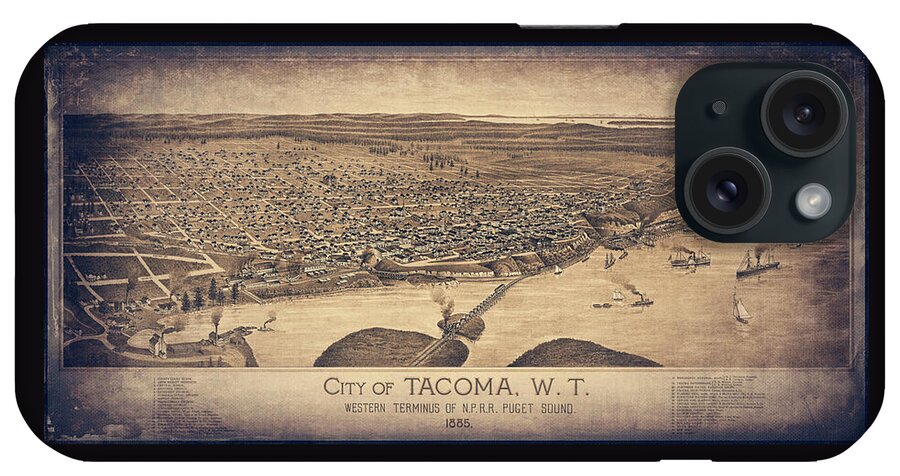 Tacoma iPhone Case featuring the photograph City of Tacoma Vintage Map Birds Eye View 1885 Sepia by Carol Japp