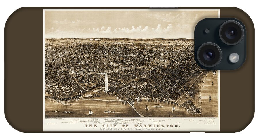 Washington Dc iPhone Case featuring the photograph City of Washington DC Map Birds Eye View 1892 Sepia by Carol Japp