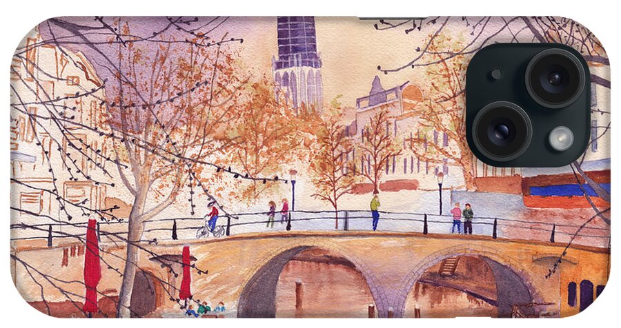 Golden Hour iPhone Case featuring the painting City Scene with Canal and Bridge in the Golden Hour by Conni Schaftenaar