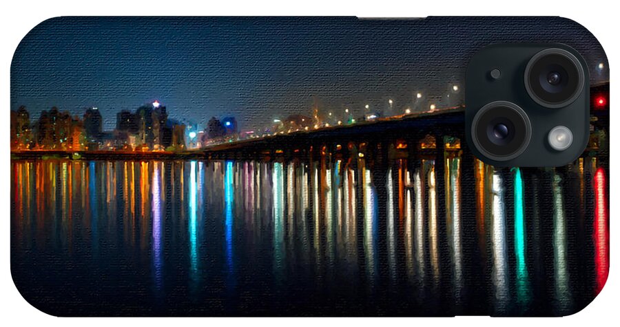 Manhattan Bridge iPhone 15 Case featuring the painting City Skyline Bridge Night Lights by Tony Rubino