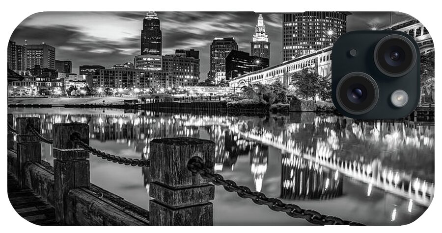 Cleveland Skyline iPhone Case featuring the photograph Cleveland Ohio Panorama Over the Cuyahoga - Black and White by Gregory Ballos