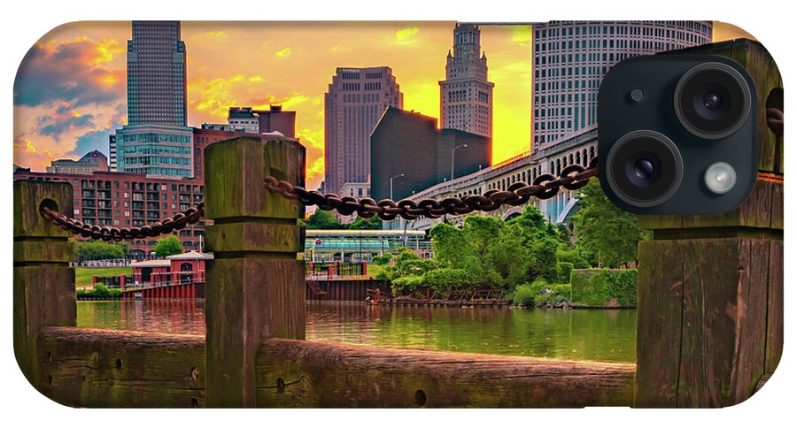 Cleveland Skyline iPhone Case featuring the photograph Cleveland Ohio Terminal and Key Towers at Sunrise From The Riverfront by Gregory Ballos