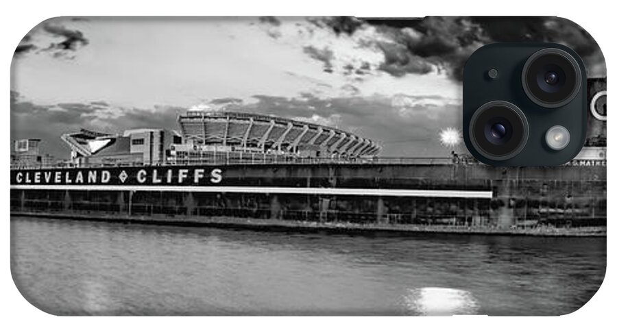 Cleveland Skyline iPhone Case featuring the photograph Cleveland Skyline and William G Mather Ship Panorama - Black and White by Gregory Ballos