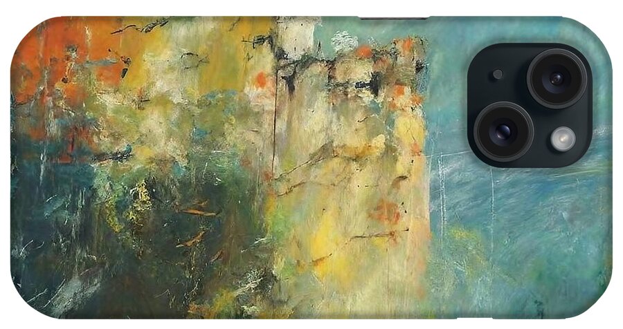Traditional iPhone Case featuring the painting Cliff Edge Walk Painting abstract aged art backdrop background black blue color contemporary art damaged design dirty gray grunge grungy illustration material old paint paintings paper pattern by N Akkash