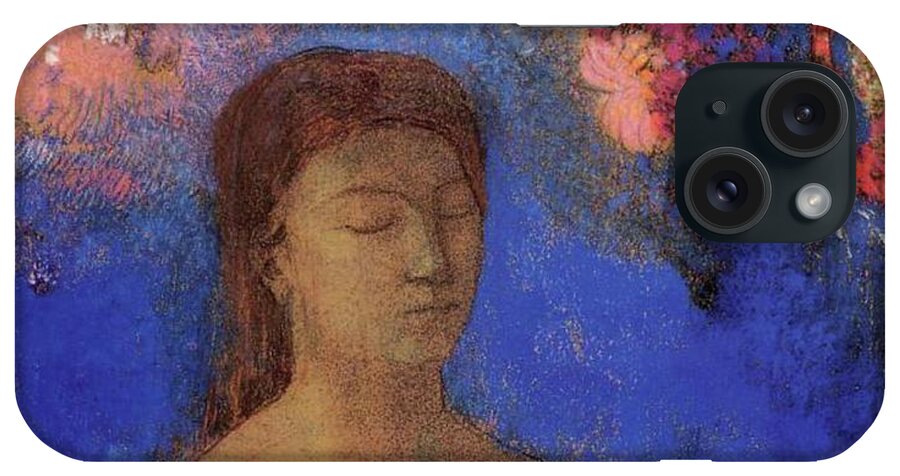 Closed Eyes iPhone Case featuring the painting Closed Eyes Blue Background by Odilon Redon