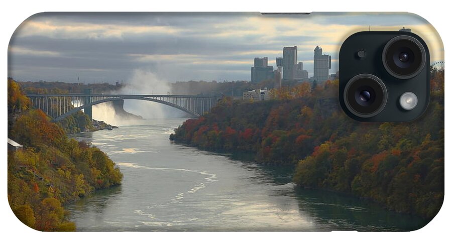 Buildings Of Niagara Falls Ontario Canada New York iPhone Case featuring the photograph Cloudy at the Falls with Autumn Below by Tony Lee