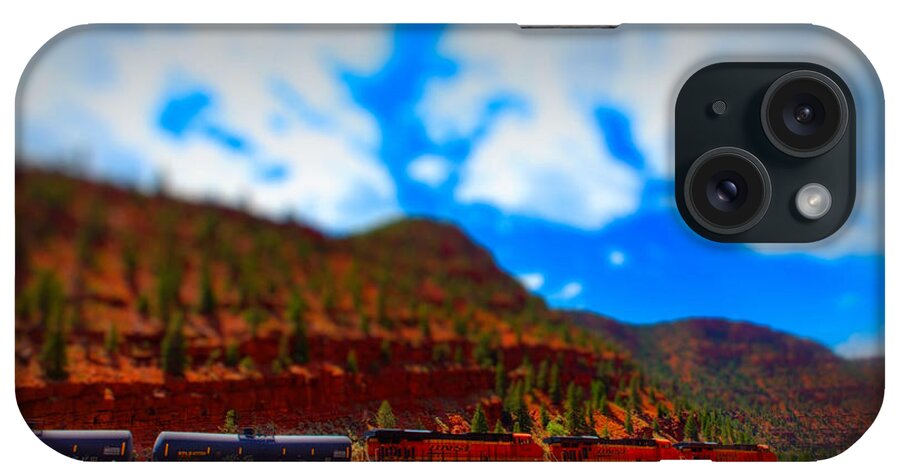 Diorama Effect Colorado River Train Bridge Clouds iPhone Case featuring the photograph Colorado River BNSF Train Set by JD Smith