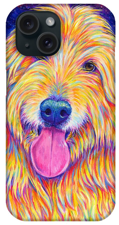Goldendoodle iPhone Case featuring the painting Colorful Rainbow Goldendoodle by Rebecca Wang