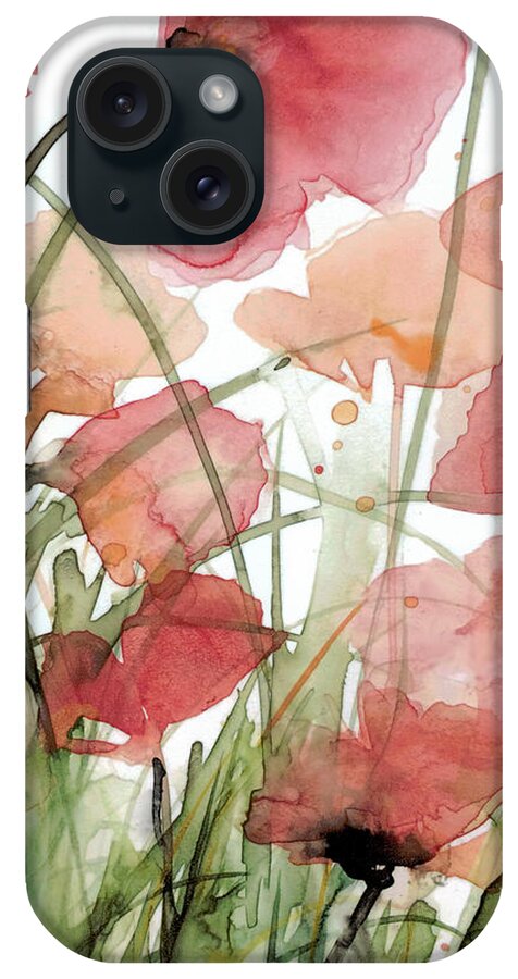 Watercolor Watercolour Poppies Red Coral Stone Paper Translucent Ethereal Soft Flowing Gentle Calm Peaceful Painting Cindy Wright Saskatchewan iPhone Case featuring the painting Coral Kisses Two by Cindy Wright