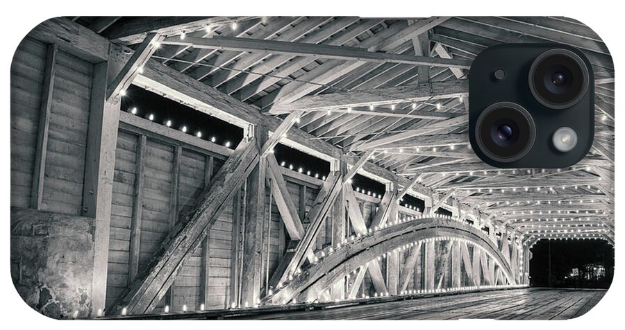 Black iPhone Case featuring the photograph Covered Bridge Interior Lights - Black And White by Jason Fink