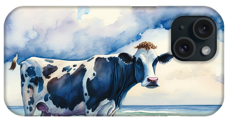 Head iPhone Case featuring the painting Cow At The Beach by N Akkash