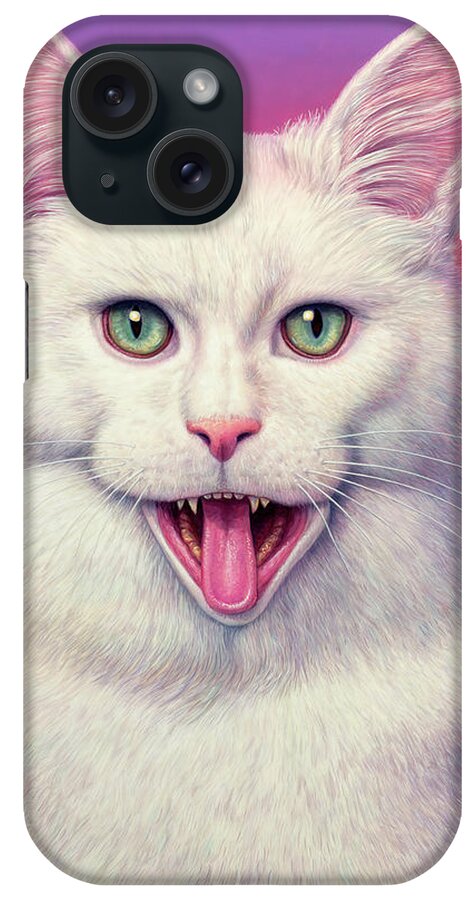 White iPhone Case featuring the painting Crazy White Cat by James W Johnson