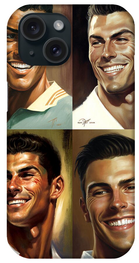 Cristiano Ronaldo Happy Smiling Oil Painting Art iPhone Case featuring the painting Cristiano Ronaldo happy smiling oil painting in by Asar Studios by Celestial Images