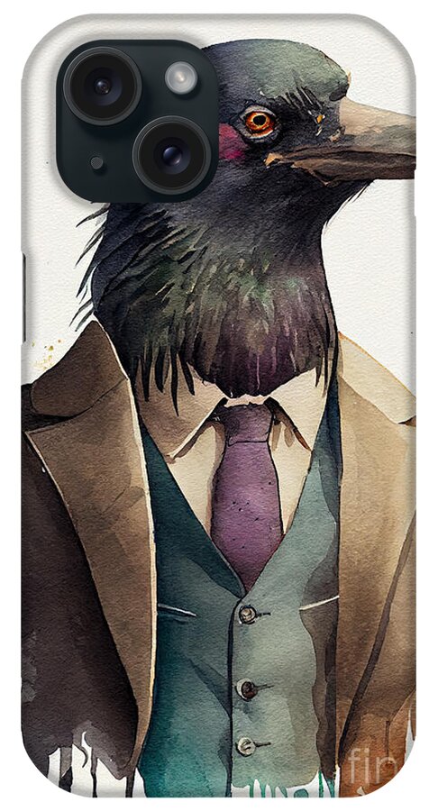 Crow iPhone Case featuring the painting Crow in Suit Watercolor Hipster Animal Retro Costume by Jeff Creation