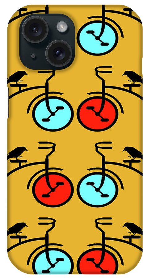 Crow Riding Vintage Bike Contemporary Pattern Art in Retro Red Orange and  Blue iPhone Case