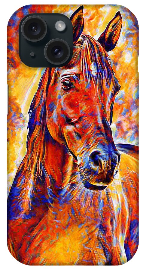 Arabian Horse iPhone Case featuring the digital art Curious Arabian horse - colorful blue, red and orange digital painting by Nicko Prints