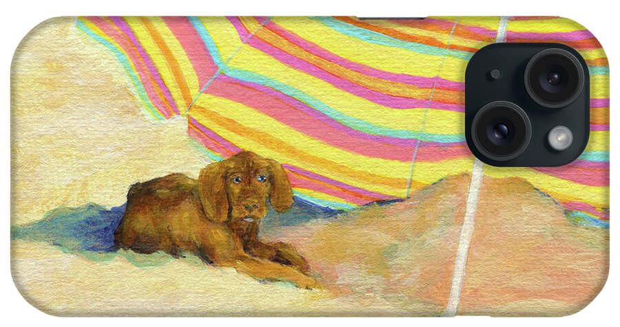 Dog iPhone Case featuring the painting Cute dog relaxing at the beach by Karen Kaspar