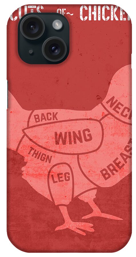 Cuts iPhone Case featuring the mixed media Cuts of Chicken Red Version Chart Butcher Meat Restaurant and Fine Dining by Design Turnpike