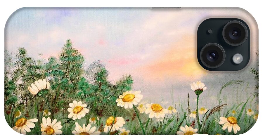 Wall Art Daisies Sunrise Landscape Small Flowers White Daisies Oil Painting Original Art Picture Wall Art Painting Art For The Living Room Office Decor Gift Idea For Him iPhone Case featuring the painting Daisies by Tanya Harr