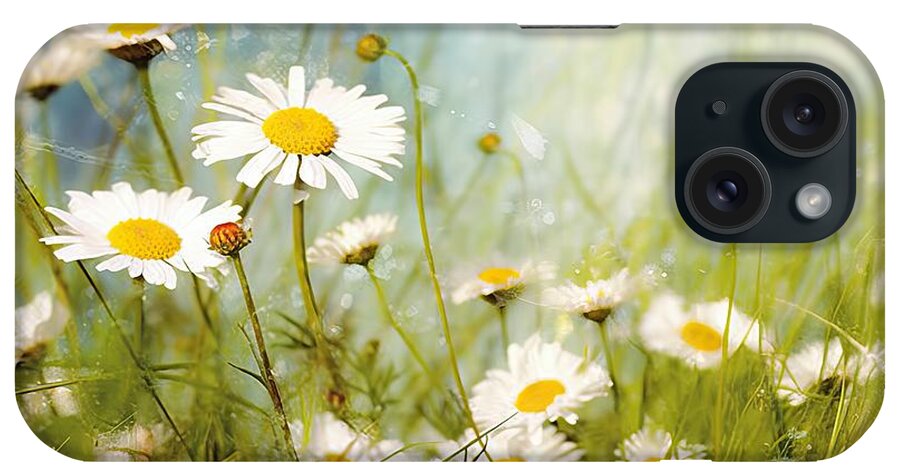 Abstract iPhone Case featuring the painting Daisy flowers on meadow floral abstract background by N Akkash