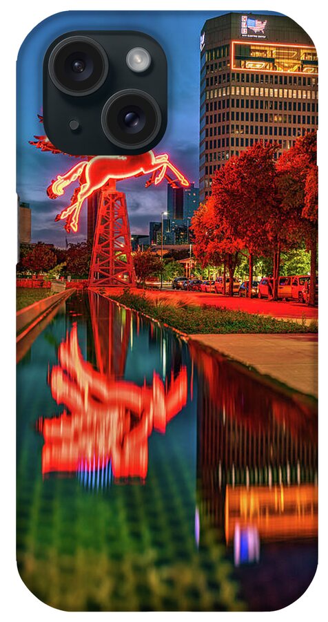 Dallas Texas iPhone Case featuring the photograph Dallas Pegasus Neon Reflections and Cityscape by Gregory Ballos