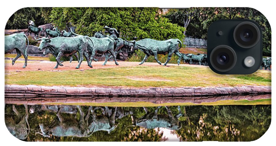 Dallas Texas iPhone Case featuring the photograph Dallas Texas Longhorn Cattle Drive Sculptures Panorama by Gregory Ballos