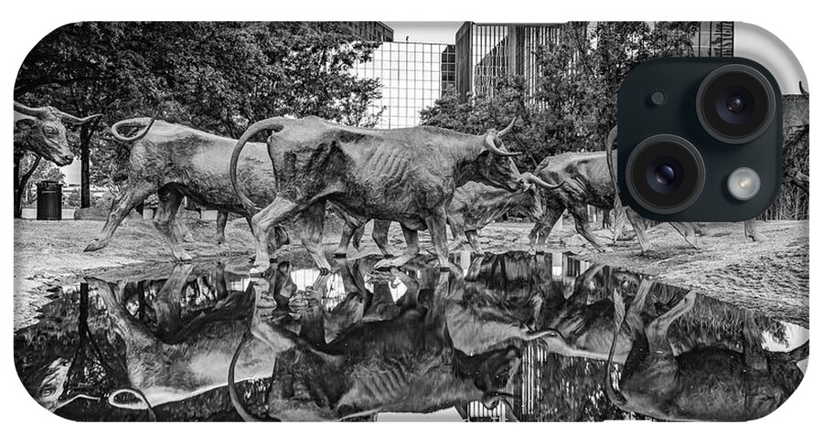 Dallas Skyline iPhone Case featuring the photograph Dallas Texas Longhorn Cattle Drive Reflections - Pioneer Plaza Monochrome by Gregory Ballos