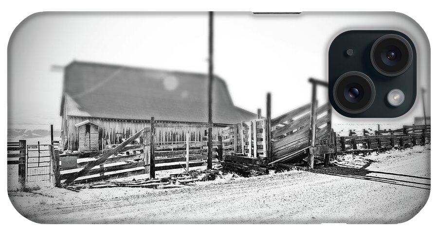  iPhone Case featuring the digital art Dalles, MT Ranch Cattle Shoot. B/W Tilt-shift by Fred Loring