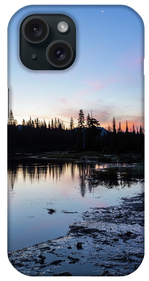 Outdoor; Dawn; Daybreak; Waxing Crescent Moon; Color; Lake; Alpine Lake; Washington Beauty iPhone Case featuring the digital art Dawn at Alpine Lake by Michael Lee