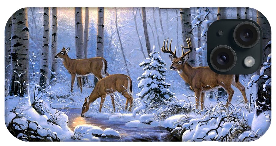 Deer Family iPhone Case featuring the mixed media A Deer Family Winter Sunrise Scene by Sandi OReilly