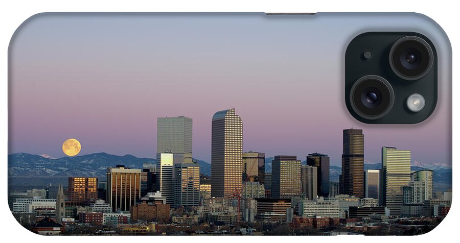 Denver Moon Alpenglow iPhone Case featuring the photograph Denver Moonset by Ivan Franklin