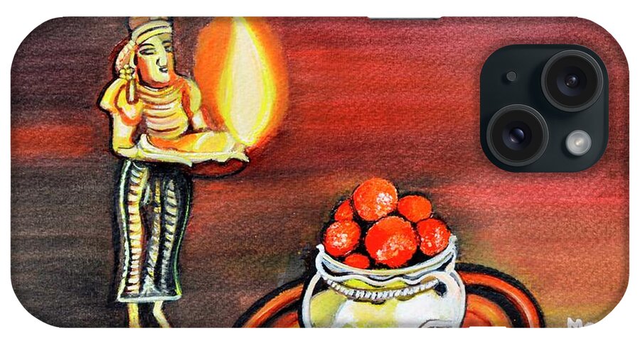 Oillamp iPhone Case featuring the painting Diwali Festival art Gulab Jamun sweet and oil lamp by Manjiri Kanvinde