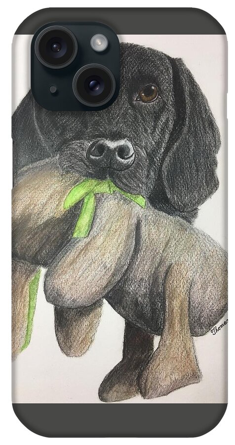 Dog iPhone Case featuring the drawing Dog and Toy by Thomas Janos