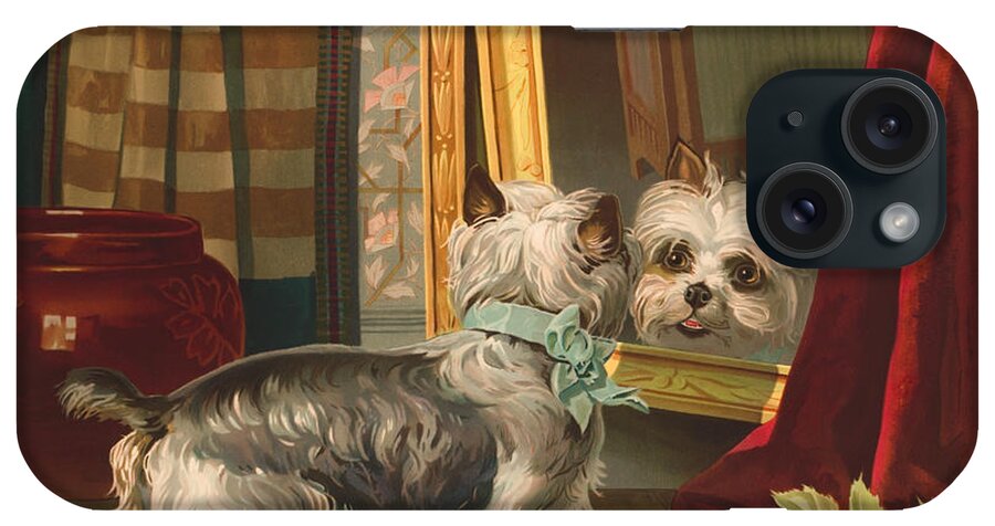 Dog iPhone Case featuring the painting Dog Looking Into Mirror - Vintage Lithograph - 1888 by War Is Hell Store
