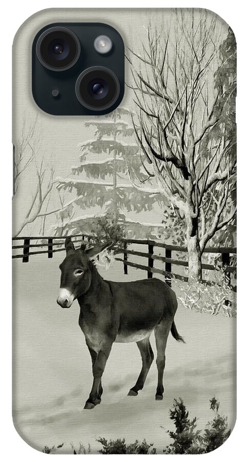 Donkey iPhone Case featuring the mixed media Donkey In The Winter Corral B W by David Dehner