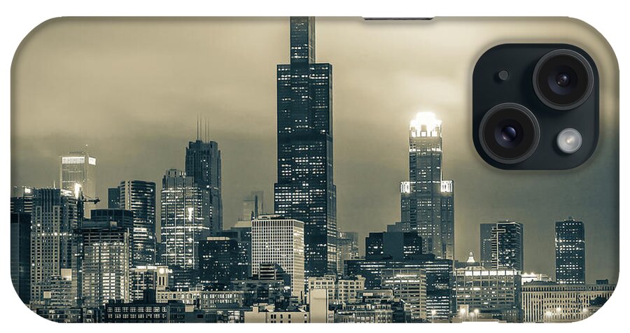 Chicago Prints iPhone Case featuring the photograph Downtown Chicago Skyline Under Clouds in Sepia by Gregory Ballos