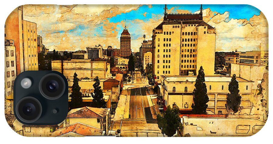 Fresno iPhone Case featuring the digital art Downtown Fresno, California, seen above Fulton Street - painting and sketch by Nicko Prints