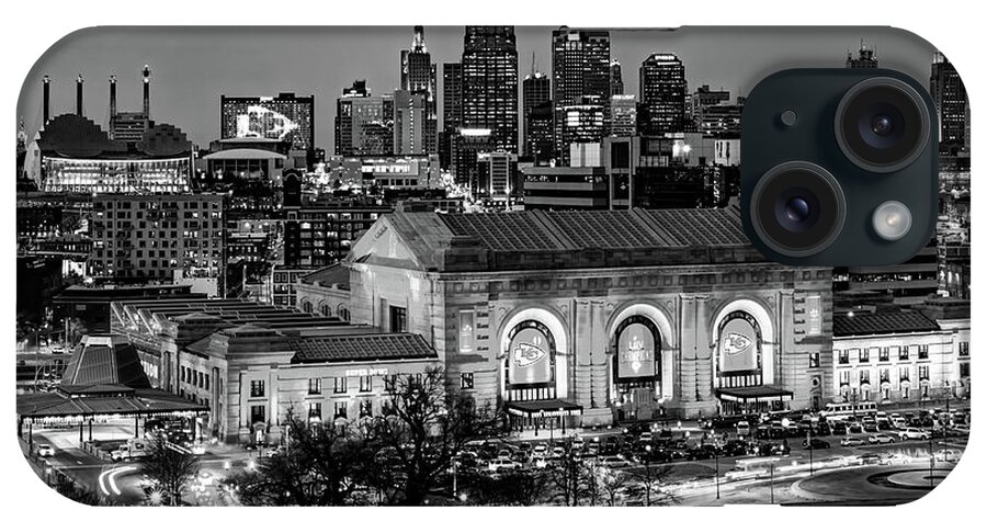 Kansas City Chiefs iPhone Case featuring the photograph Downtown Kansas City Over Union Station With Chiefs Banners - Monochrome Edition by Gregory Ballos