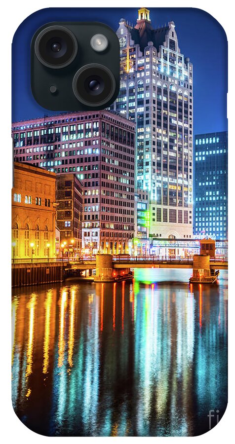 2017 iPhone Case featuring the photograph Downtown Milwaukee River Cityscape at Night Photo by Paul Velgos