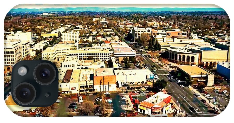 Modesto iPhone Case featuring the digital art Downtown Modesto, California - aerial by Nicko Prints