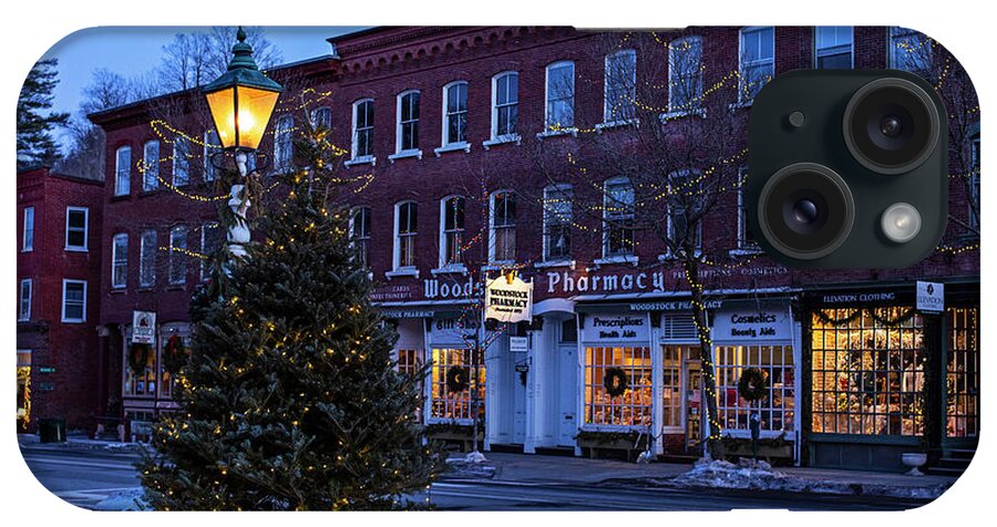 Woodstock iPhone Case featuring the photograph Downtown Woodstock VT Christmas Tree at Dusk Woodstock Pharmacy by Toby McGuire