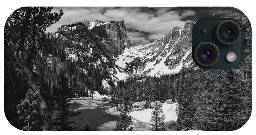 Dream Lake In Snow Black And White iPhone Case featuring the photograph Dream Lake In Snow Black And White by Dan Sproul