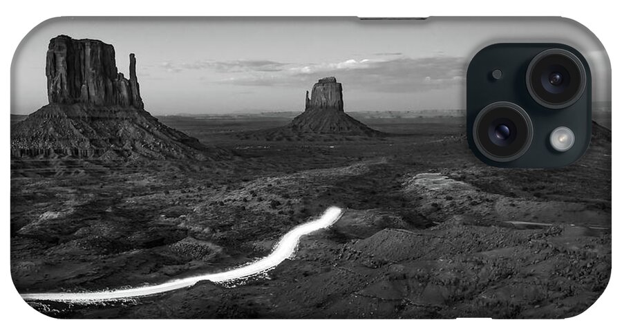 Monument Valley iPhone Case featuring the photograph Driving Through Monument Valley at Dusk in Monochrome by Gregory Ballos