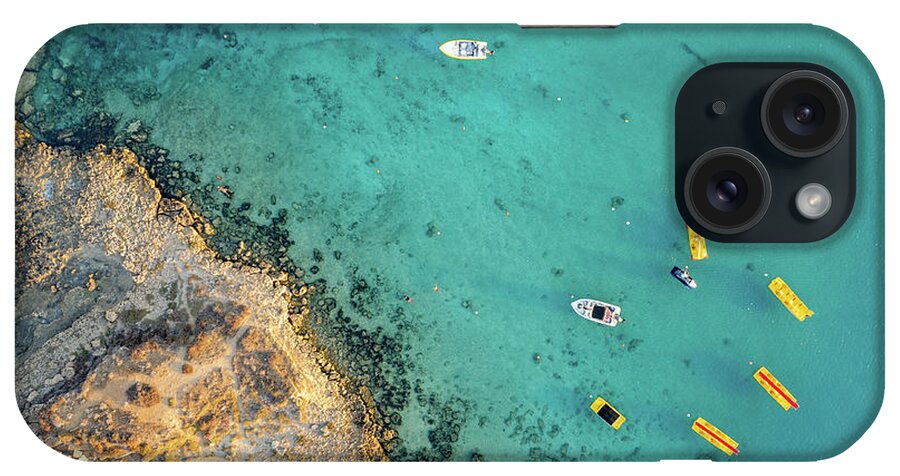 Seascape iPhone Case featuring the photograph Drone aerial of seascape with idyllic blue calm blue water. Fig tree bay beach Protaras Cyprus by Michalakis Ppalis