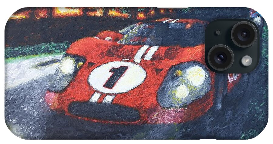 Ford V Ferrari iPhone Case featuring the painting Dusk duelers of Le Sarthe by Kieran Roberts