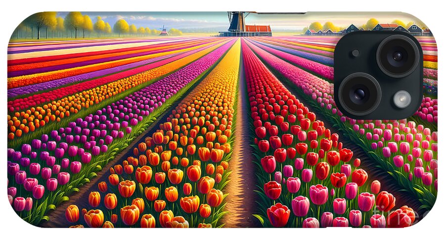 Tulip iPhone Case featuring the digital art Dutch Tulip Fields, Brightly colored tulip fields in the Netherlands by Jeff Creation