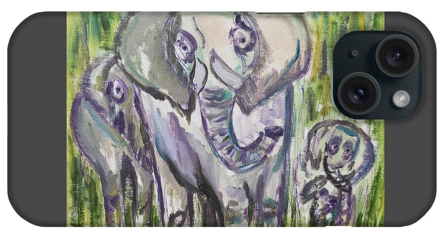 Elephants iPhone Case featuring the painting Elephant family in abstract by Lisa Koyle