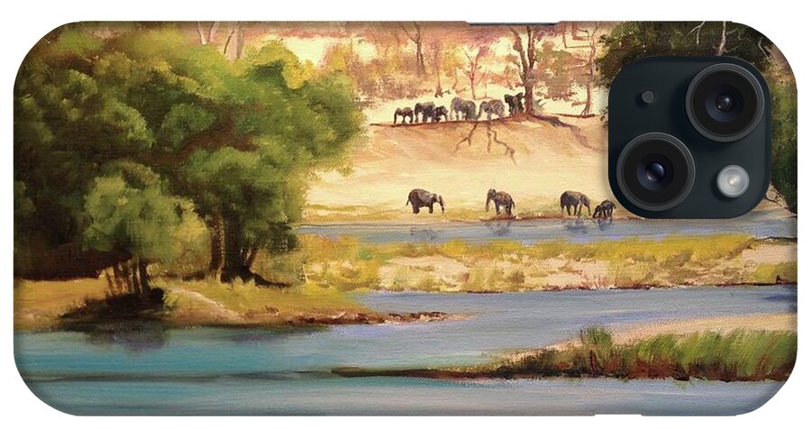Water iPhone Case featuring the painting Elephant Watering Hole by Judy Rixom