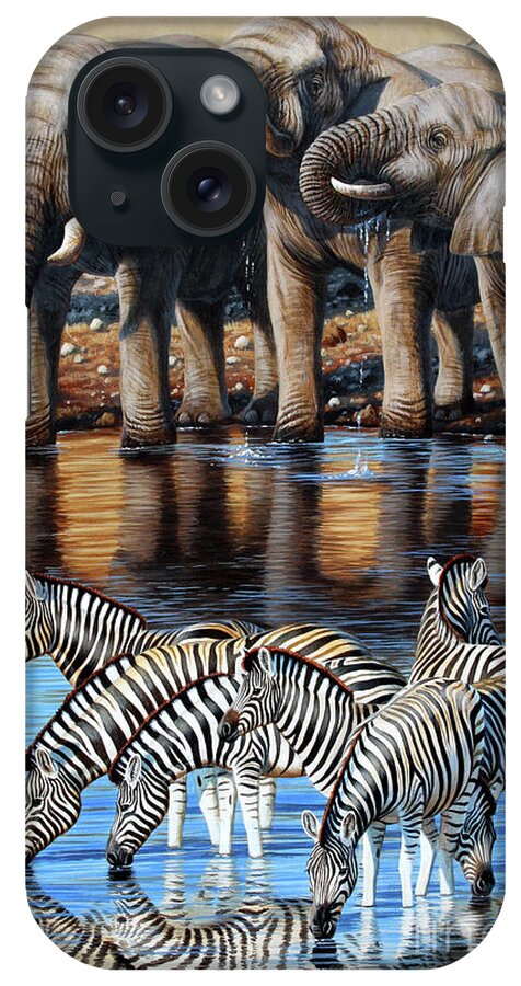 Cynthie Fisher iPhone Case featuring the painting Elephants And Zebra by Cynthie Fisher